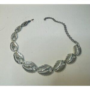 Vintage Metal Beaded Swirled Leaves Silvertone Choker Necklace